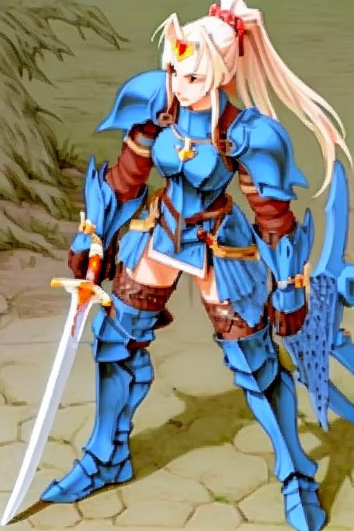 final fantasy character concept <lora:finfan:0.7> finfan, anime girl warrior in steel armor, oversized weapon, berserker s...